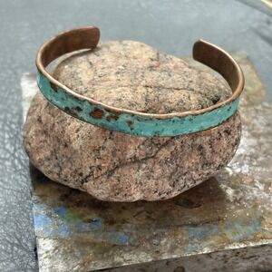 Copper Cuff Bracelet Blue Verdigris Handmade Adjustable Thin Artisan Boho Beachy